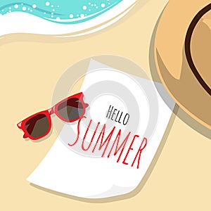 White paper with word hello summer on white sand beach with sunglasses and fashion hat as traveler`s accessories items with wave