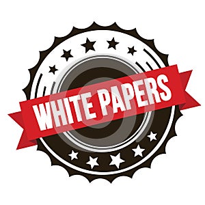 WHITE PAPERS text on red brown ribbon stamp