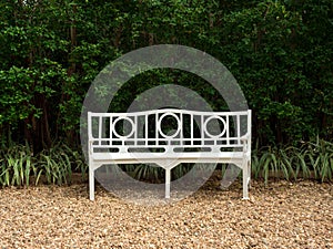 White park bench with hedge background