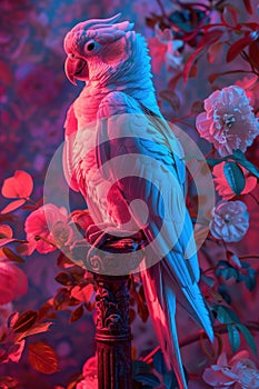 A white parrot with blue feathers on a perch in front of a pink flower bush
