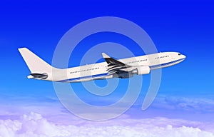 White passenger aircraft in blue sky