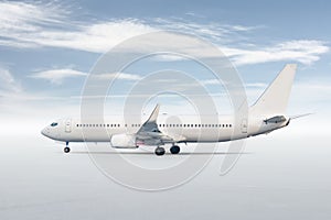 White passenger airliner isolated on bright background with sky