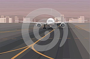 White passenger airplane on the airport runway vector illustration