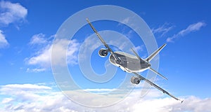 White passenger airplane flying in cloudy blue sky