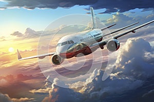 White passenger airplane flying in the sky amazing clouds