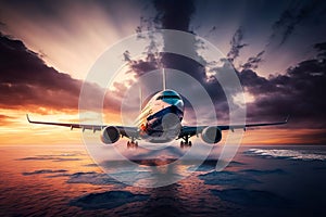 White passenger plane climbs through through a cloudy sky at sunset. Generative Ai.