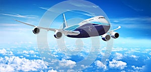 White passenger plane in flight. Aircraft fly high in the blue sky over the clouds. Side view of aircraft.