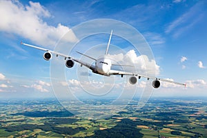 Modern double decker passenger aircraft in flight. Right inclination. Front view photo