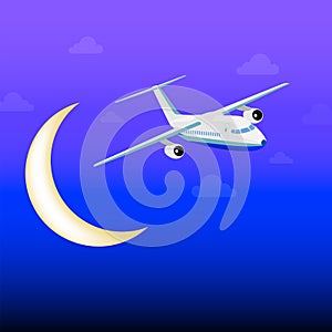 White passenger plane flying among the clouds in the night