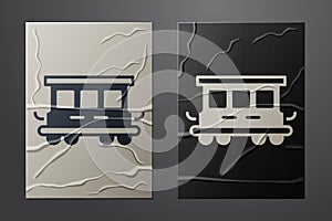 White Passenger train cars toy icon isolated on crumpled paper background. Railway carriage. Paper art style. Vector
