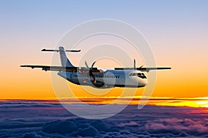 White passenger turboprop aircraft fly in the sunrise sky