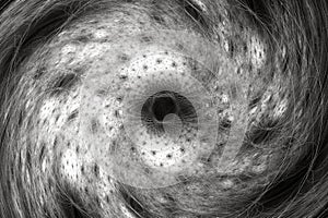 White pattern of curved waves and lines on a black background.