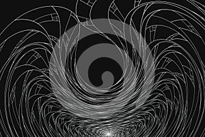 White pattern of curved waves and lines on a black background.
