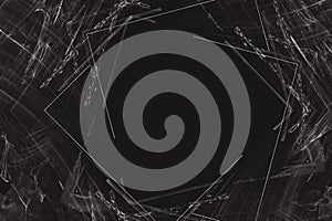 White pattern of curved waves and lines with a hole on a black background.