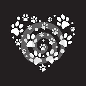 White paw prints in heart shape vector minimal illustration