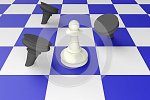 White Pawn Defeating Black Pawns On A Blue Chess Board