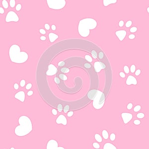 White paws and hearts on pink seamless pattern.