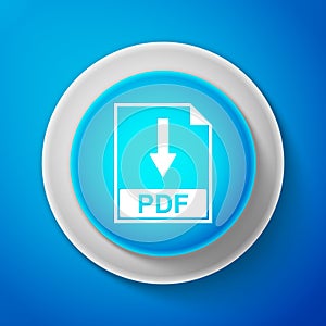 White PDF file document icon isolated on blue background. Download PDF button sign. Circle blue button with white line