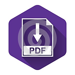 White PDF file document icon isolated with long shadow. Download PDF button sign. Purple hexagon button