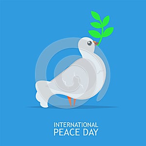 White Peace dove with olive branch for International Peace Day poster on blue sky abckground