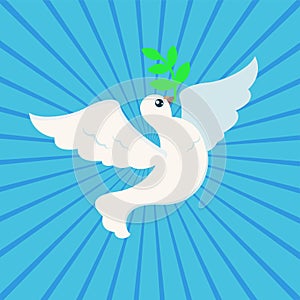 White Peace dove with olive branch for International Peace Day poster on ray background