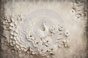 White Peacock Relief Gypsum Carving, Flower Background, 3D Wallpaper vintage for Interior Murals Wall Art Décor.