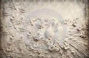 White Peacock Relief Gypsum Carving, Flower Background, 3D Wallpaper vintage for Interior Murals Wall Art DÃ©cor. photo