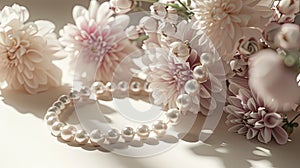 a white pearl necklace suspended above a delicate bouquet of light-colored flowers against a pristine, light-colored