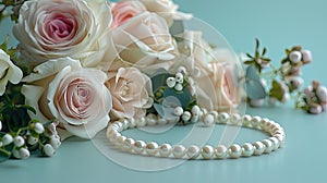 a white pearl necklace suspended above a delicate bouquet of light-colored flowers against a pristine, light-colored