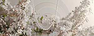 a white pearl necklace suspended above a delicate bouquet of light-colored flowers against a pristine, light-colored