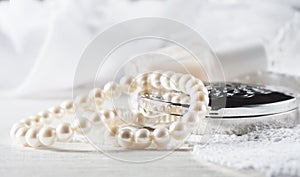 White pearl necklace, women's accessories, on handmade lace back