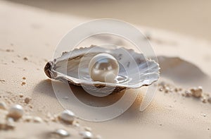 White pearl in an oyster shell on white sand, natural light. Concept jewelry, ocean treasures, gemstones, beauty care photo