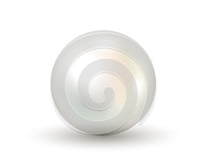 White pearl realistic 3d on white background. Shiny natural white sea pearl with light effects