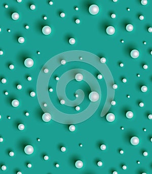 White pearls on a green mint background. Geometric seamless pattern. Texture with white beads. Design template for covers,