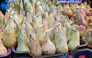 White pears for sale at city market in Budapest