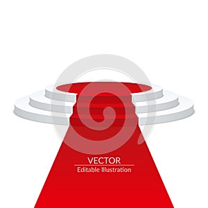 White pedestal with red carpet. Ceremonial background for presentation. Editable vector illustration.