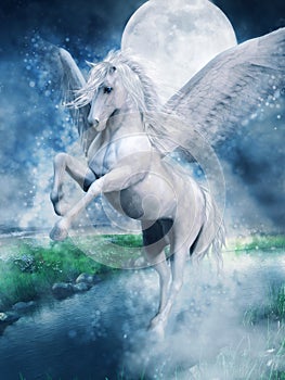 White pegasus over a lake