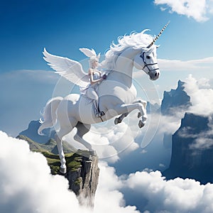 White Pegasus unicorn in a cliff high above the clouds