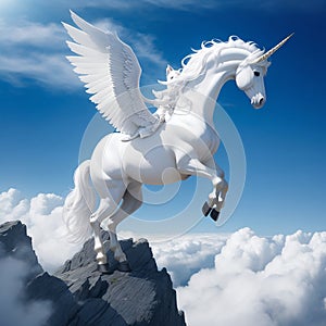 White Pegasus unicorn in a cliff high above the clouds