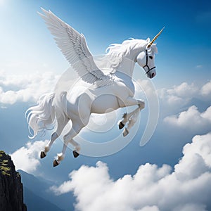 White Pegasus unicorn in a cliff high above the clouds