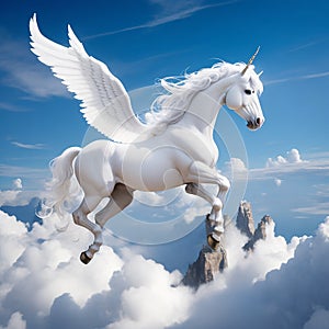 White Pegasus unicorn in a cliff high above the clouds