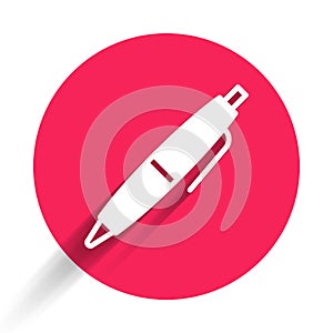 White Pen icon isolated with long shadow background. Red circle button. Vector