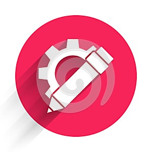 White Pencil and gear icon isolated with long shadow. Creative development. Blogging or copywriting concept. Red circle