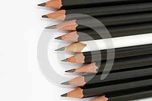 White pencil in a group of black pencils