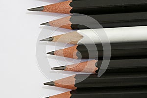 White pencil in a group of black pencils