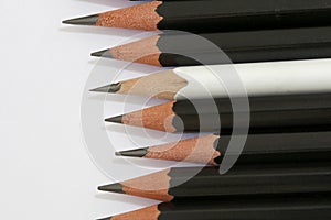 White pencil in a group of black pencils photo