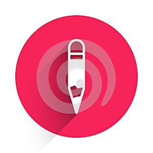 White Pencil icon isolated with long shadow background. Drawing and educational tools. School office symbol. Red circle