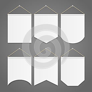 White Pennant Template Hanging on Wall Set. Vector