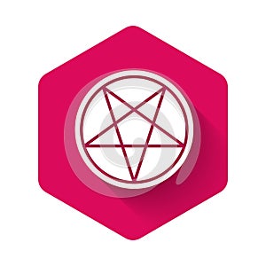 White Pentagram in a circle icon isolated with long shadow. Magic occult star symbol. Pink hexagon button. Vector