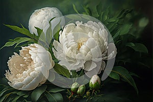 White peonies blossoms with green leaves wallpaper